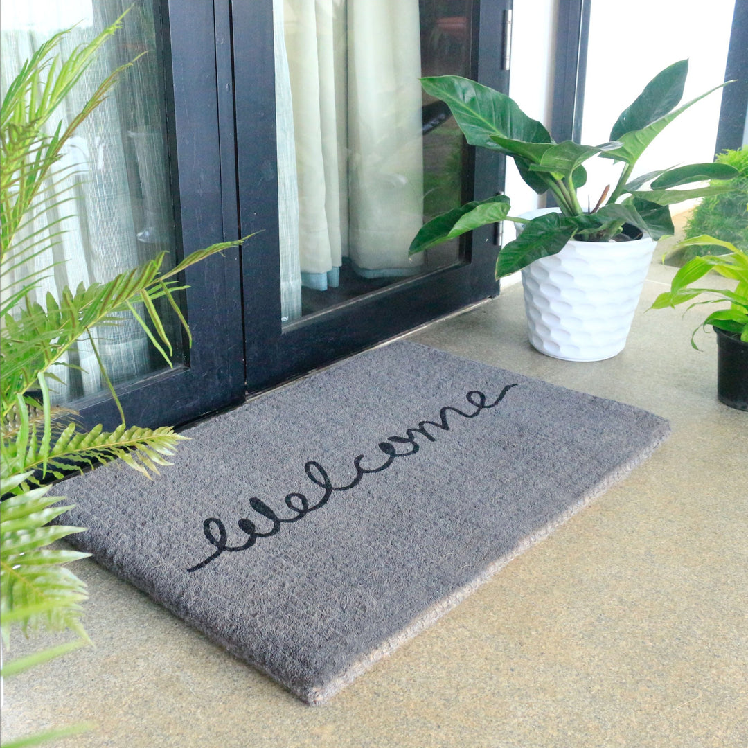 Welcome Grey Cursive 100% Coir Doormat - Fab Habitat , Doormats,