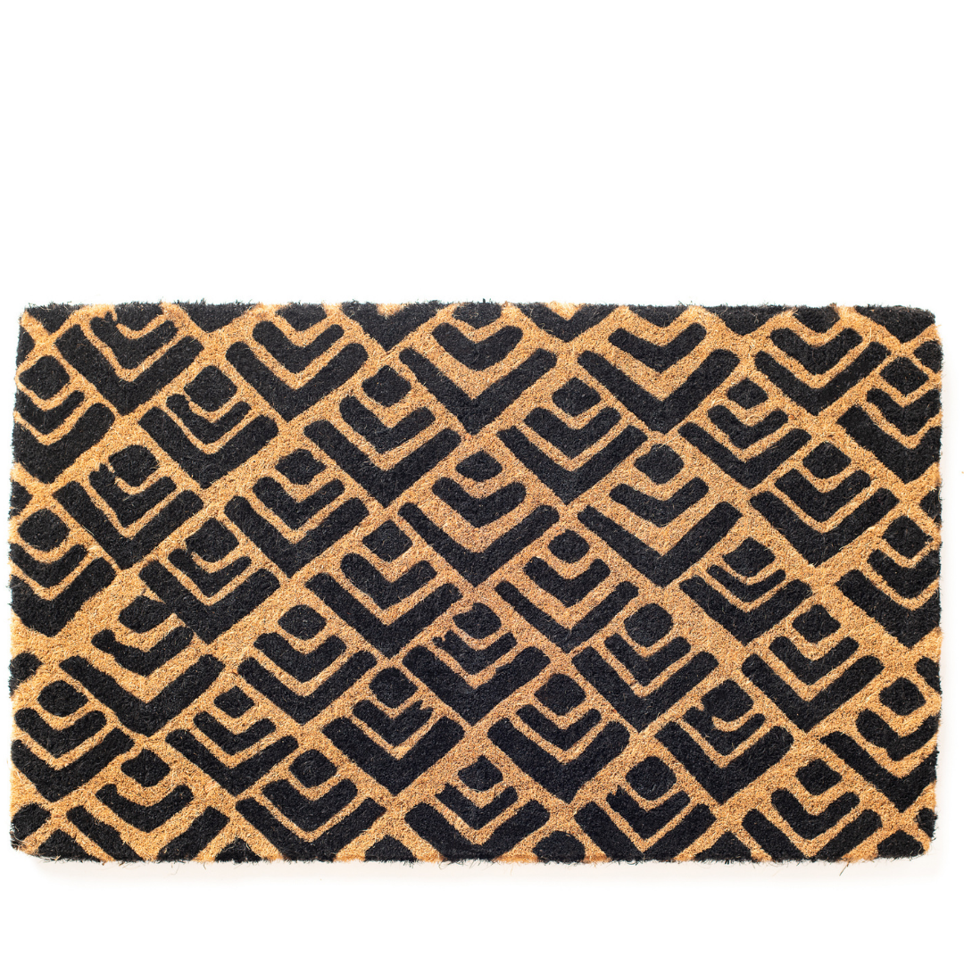 45x75 cm Block Print Natural and Black Geometrical Coir Doormat - Fab Habitat , Doormats, [product_size],