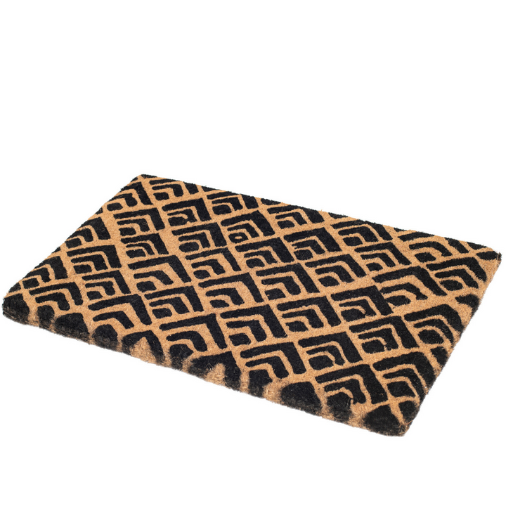 45x75 cm Block Print Natural and Black Geometrical Coir Doormat - Fab Habitat , Doormats, [product_size],