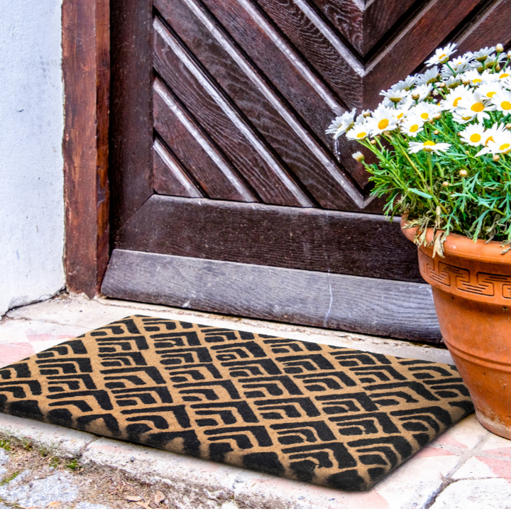 45x75 cm Block Print Natural and Black Geometrical Coir Doormat - Fab Habitat , Doormats, [product_size],