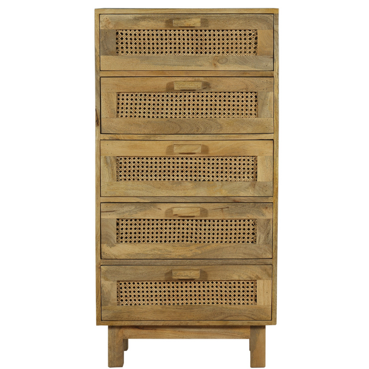 Byron Solid Wood Rattan 5 Drawer Chest Tallboy - Fab Habitat , Chest Of Drawers, [product_size],