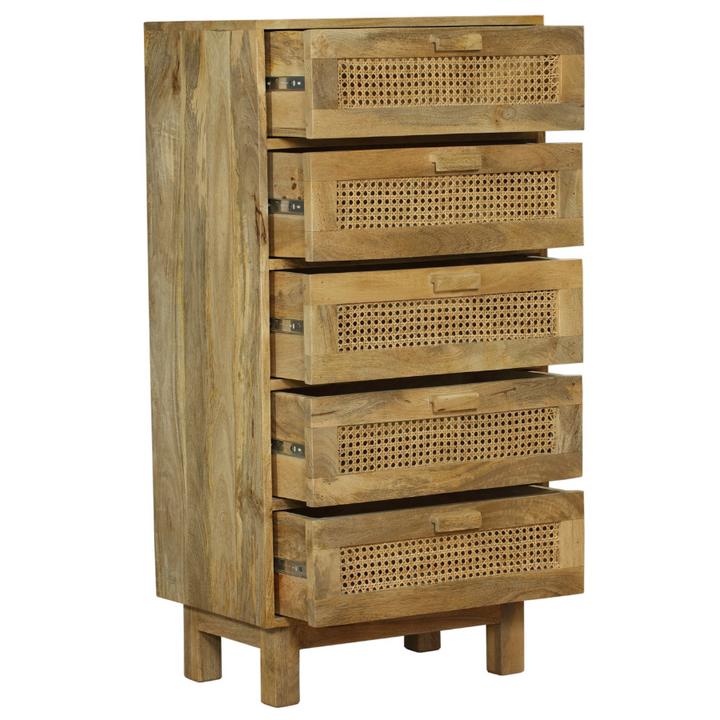 Byron Solid Wood Rattan 5 Drawer Chest Tallboy - Fab Habitat , Chest Of Drawers, [product_size],