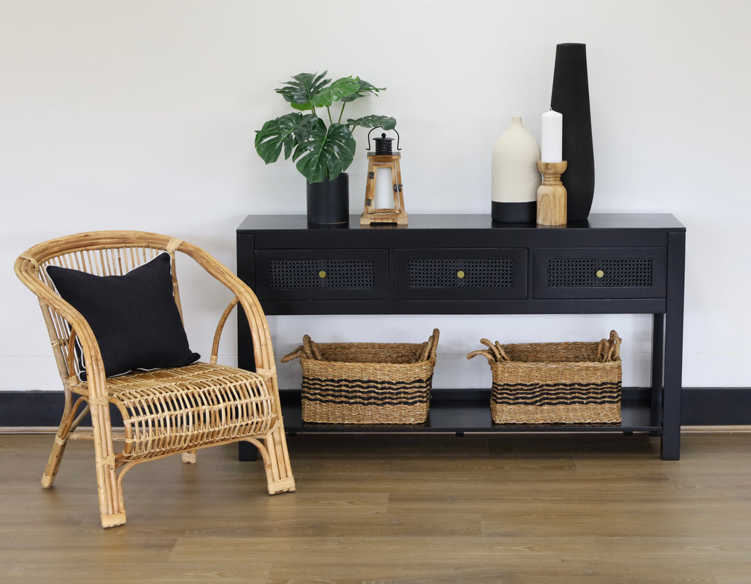 Byron Black Mango Wood & Rattan Console Table with 3 Drawers - 150cm