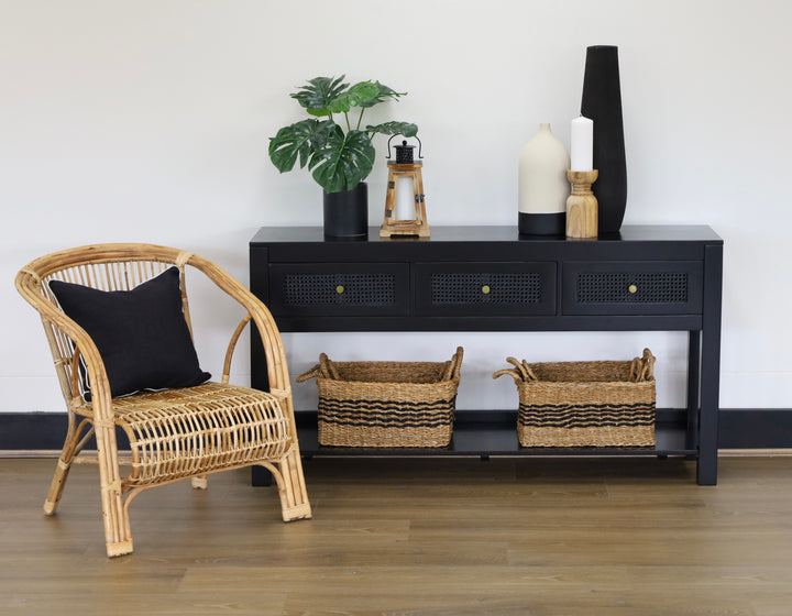 Byron Black Mango Wood & Rattan Console Table with 3 Drawers - 150cm