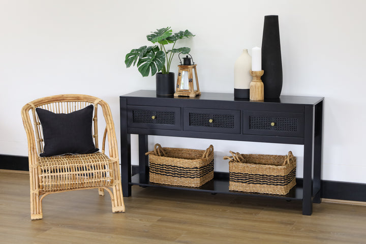 Byron Black Mango Wood & Rattan Console Table with 3 Drawers - 150cm