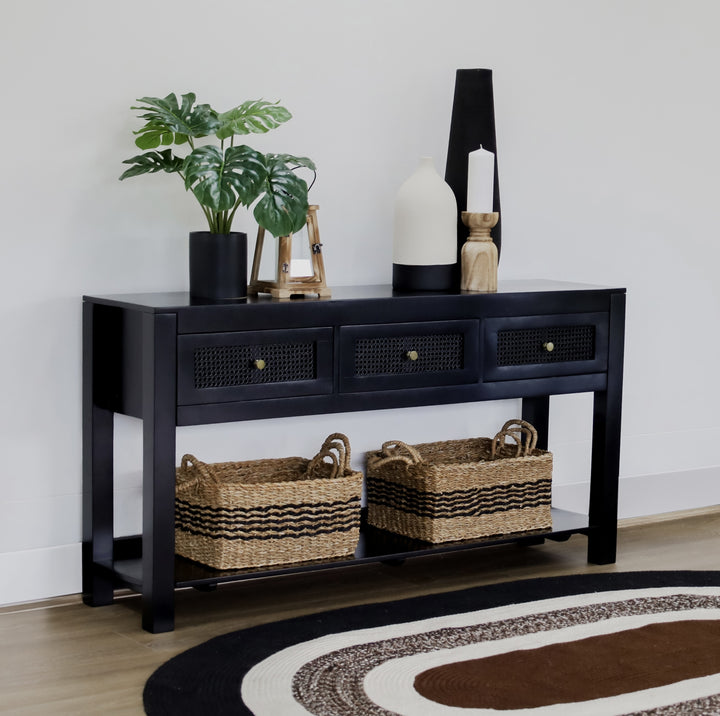 Byron Black Mango Wood & Rattan Console Table with 3 Drawers - 150cm
