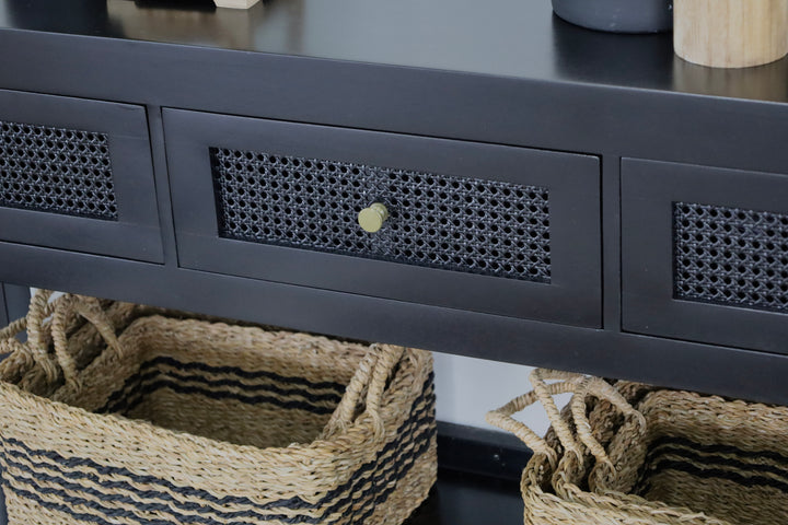Byron Black Mango Wood & Rattan Console Table with 3 Drawers - 150cm