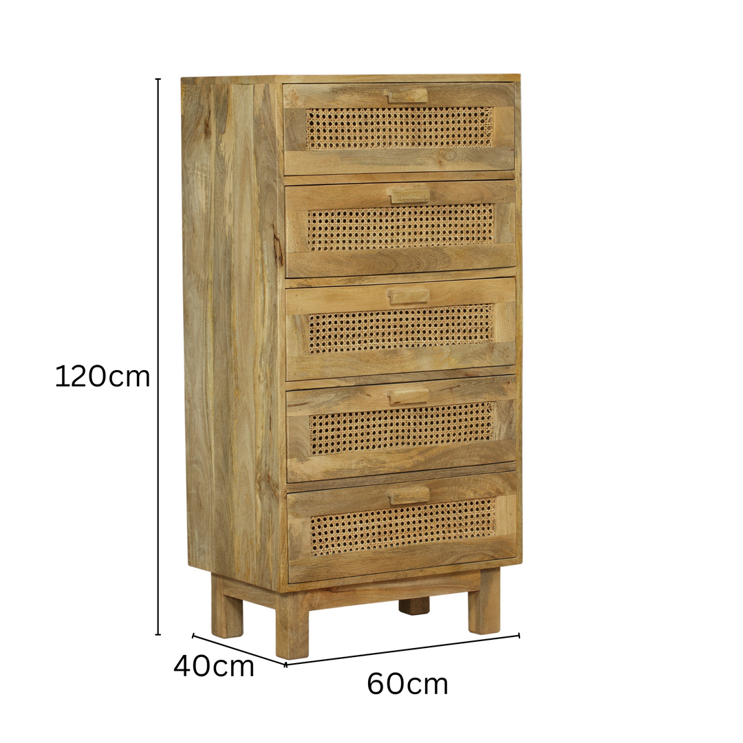 Byron Solid Wood Rattan 5 Drawer Chest Tallboy