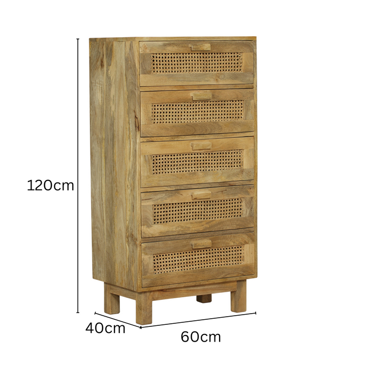 Byron Solid Wood Rattan 5 Drawer Chest Tallboy
