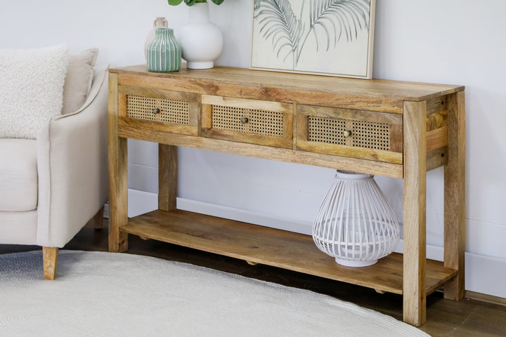 Byron Natural Mango Wood & Rattan Console Table with 3 Drawers - 150cm