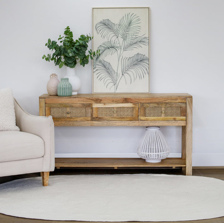 Byron Natural Mango Wood & Rattan Console Table with 3 Drawers - 150cm