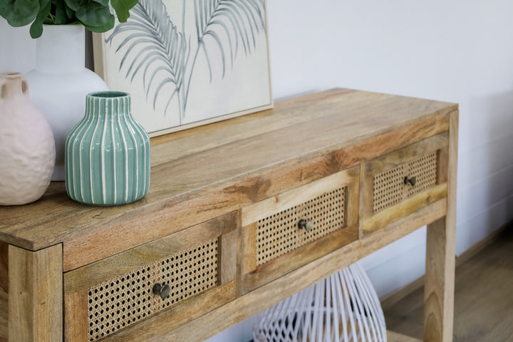 Byron Natural Mango Wood & Rattan Console Table with 3 Drawers - 150cm