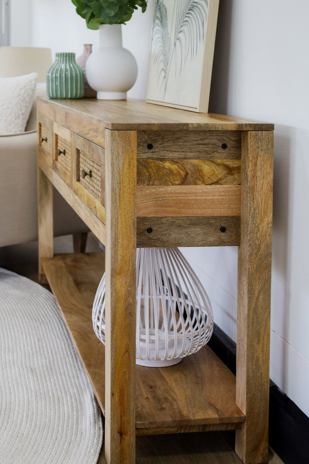 Byron Natural Mango Wood & Rattan Console Table with 3 Drawers - 150cm