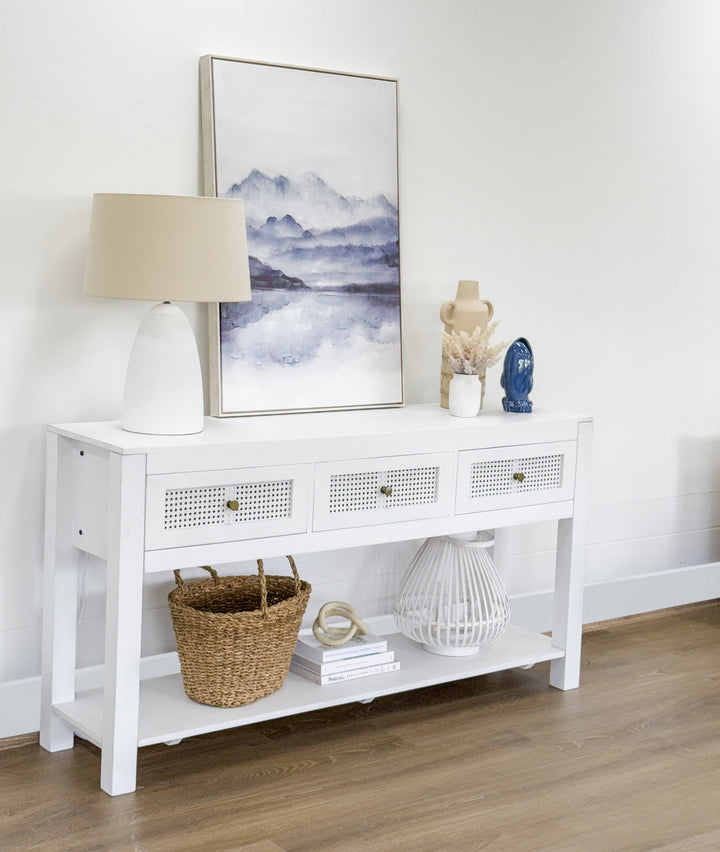Byron White Mango Wood & Rattan Console Table with 3 Drawers - 150cm