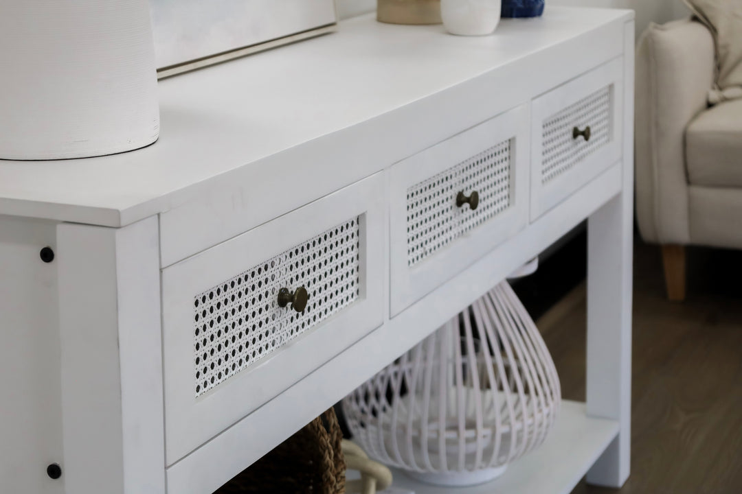 Byron White Mango Wood & Rattan Console Table with 3 Drawers - 150cm