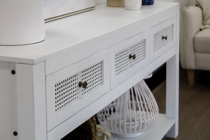 Byron White Mango Wood & Rattan Console Table with 3 Drawers - 150cm