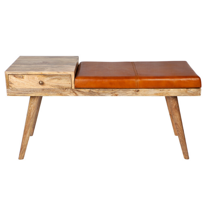 Castor Leather & Wood Seating Entryway Bench with Drawer - 100 cm - Fab Habitat , Benches, [product_size],