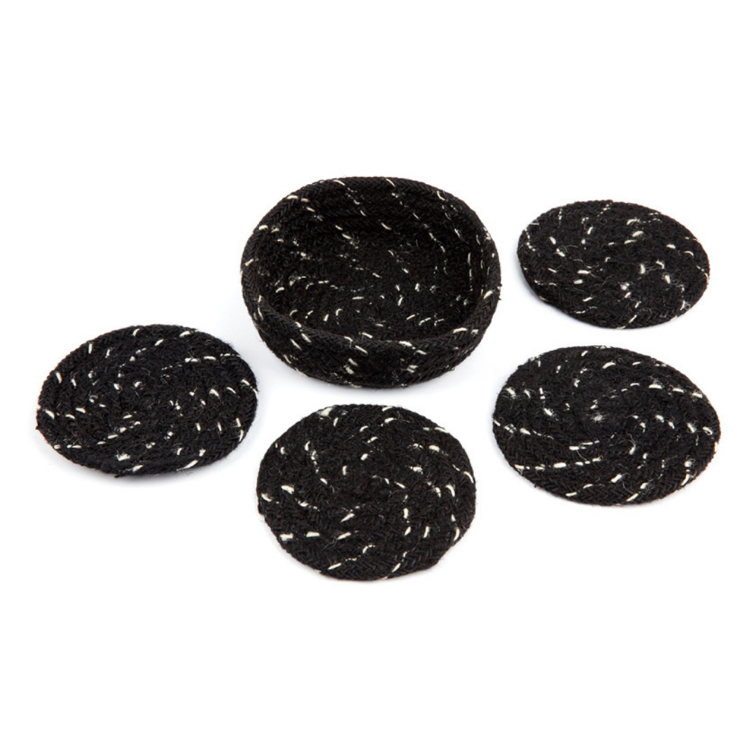 Set of 4 Deryn Black handmade 10 cm round jute coasters - Fab Habitat , Coasters, [product_size],
