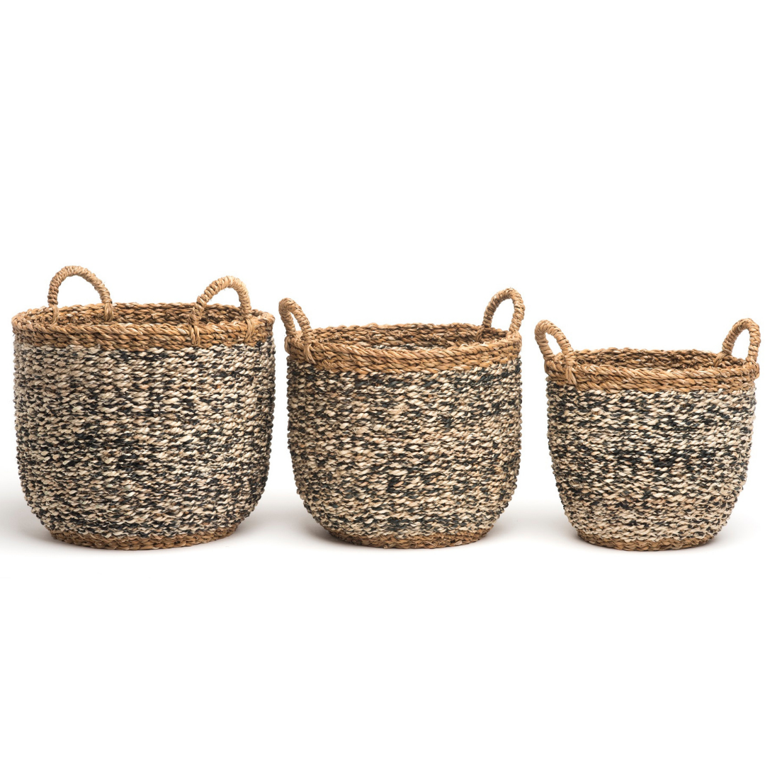 Set of 3 Ebony Handmade Grey Seagrass and Jute Storage Baskets & Planters with Handles - Fab Habitat , Storage Baskets, [product_size],