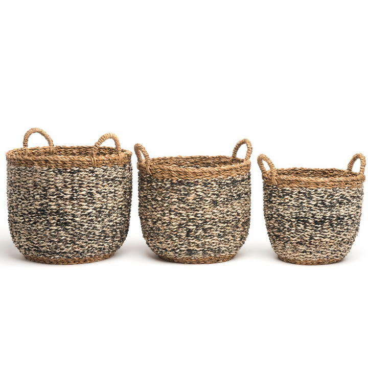 Set of 3 Ebony Handmade Grey Seagrass and Jute Storage Baskets & Planters with Handles - Fab Habitat , Storage Baskets, [product_size],