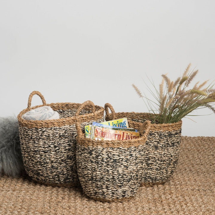 Set of 3 Ebony Handmade Grey Seagrass and Jute Storage Baskets & Planters with Handles - Fab Habitat , Storage Baskets,