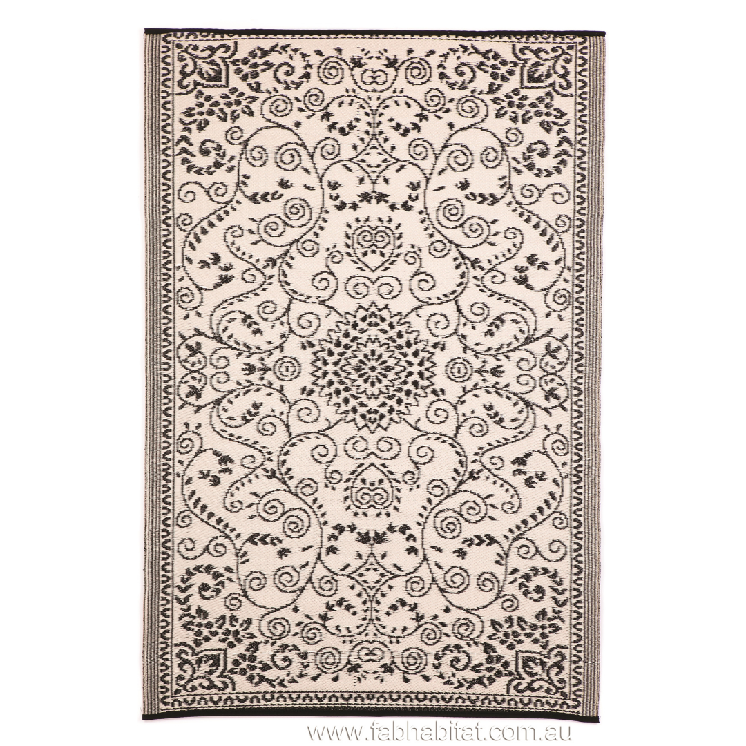 Murano Black and Cream Traditional Recycled Plastic Reversible Outdoor Rug - Fab Habitat , Recycled Plastic Rugs & Mats, [product_size],