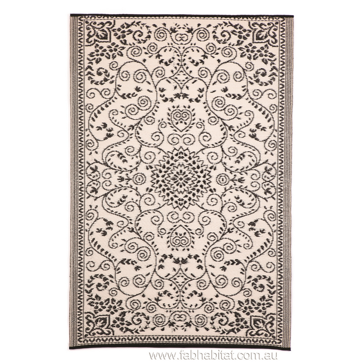 Murano Black and Cream Traditional Recycled Plastic Reversible Outdoor Rug - Fab Habitat , Recycled Plastic Rugs & Mats, [product_size],