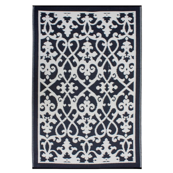 Venice Black and Cream Traditional Recycled Plastic Outdoor Rug - Fab Habitat , Recycled Plastic Rugs & Mats, [product_size],