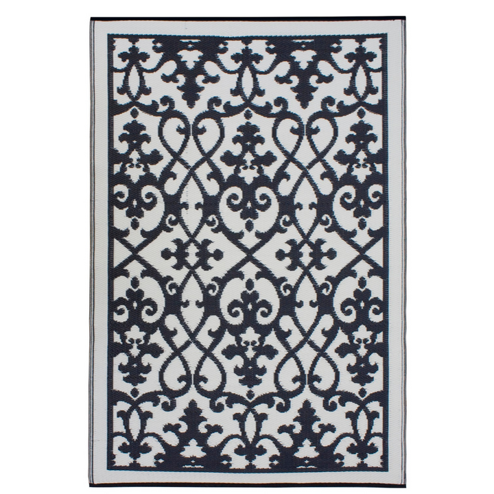 Venice Black and Cream Traditional Recycled Plastic Large Rug - Fab Habitat , Recycled Plastic Rugs & Mats, [product_size],