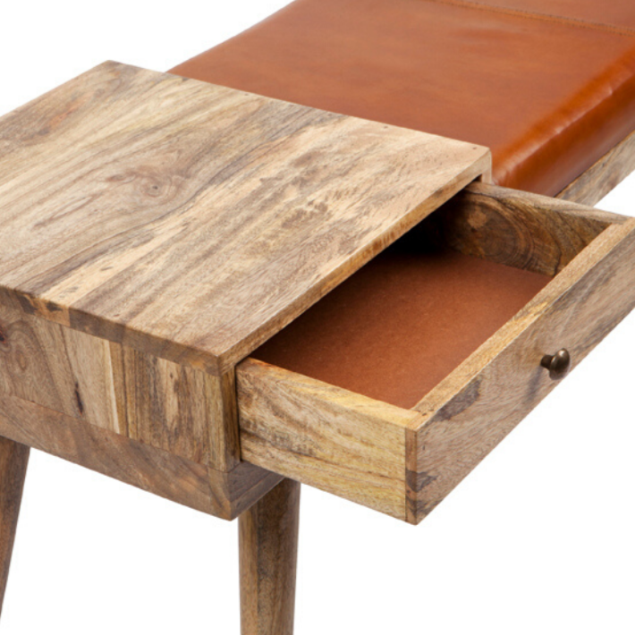 Castor Leather & Wood Seating Entryway Bench with Drawer - 100 cm - Benches Fab Habitat