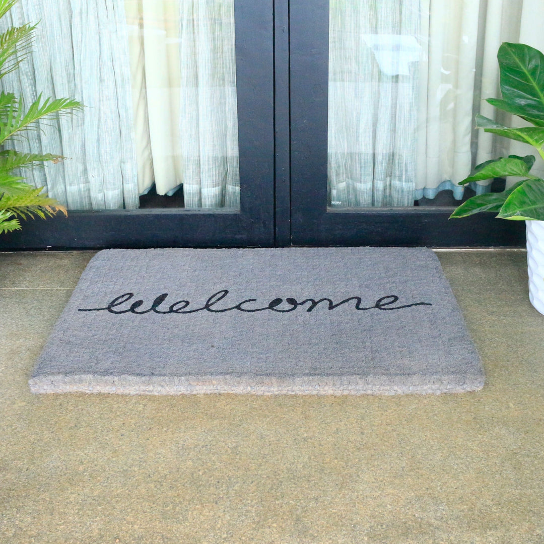 Grey Cursive 100% Coir Long Welcome Doormat - Doormats Fab Habitat