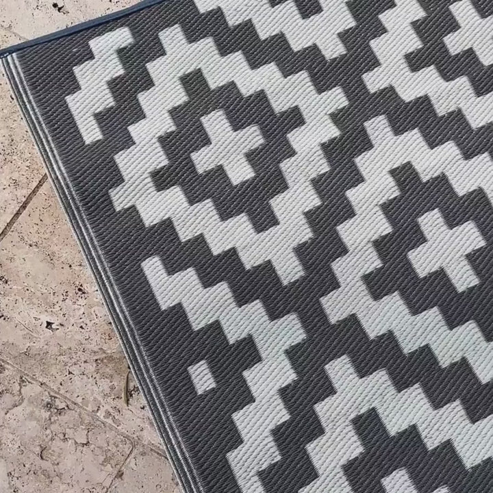 Aztec Grey & White Rectangular Diamond Pattern Foldable Waterproof XL Caravan Mat - 270x360 CM