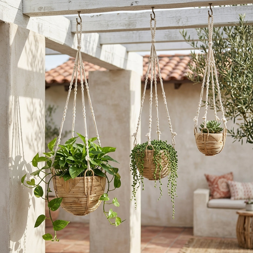 Set Of 3 Savar Handmade Cane Macrame Hanging Planters & Pot Holder