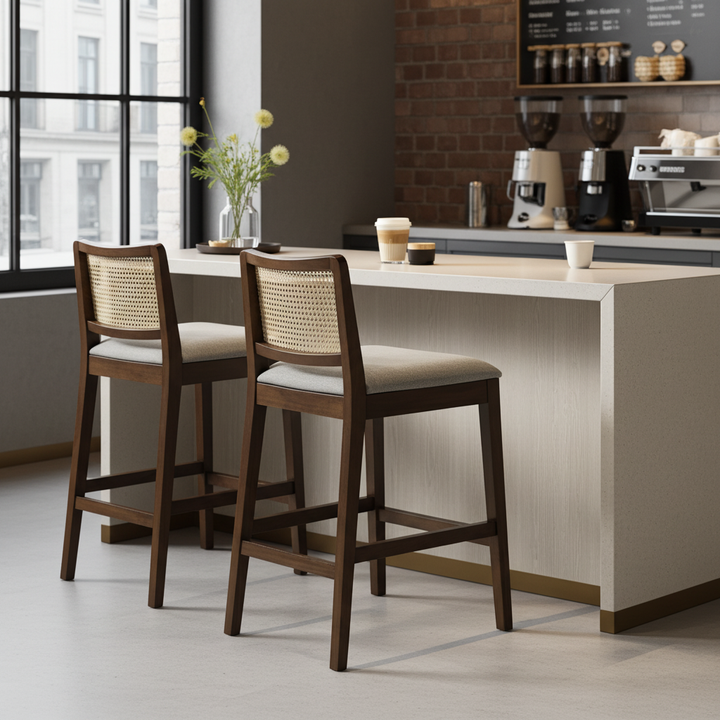 Byron Walnut Wooden Barstool with Beige Cushioned Seat
