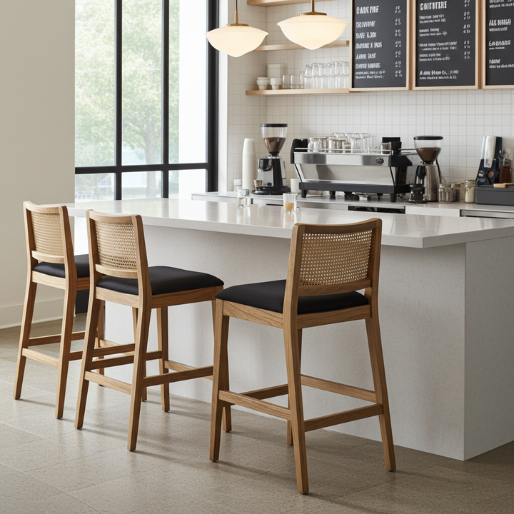 Byron Natural Wooden Barstool with Black Cushioned Seat