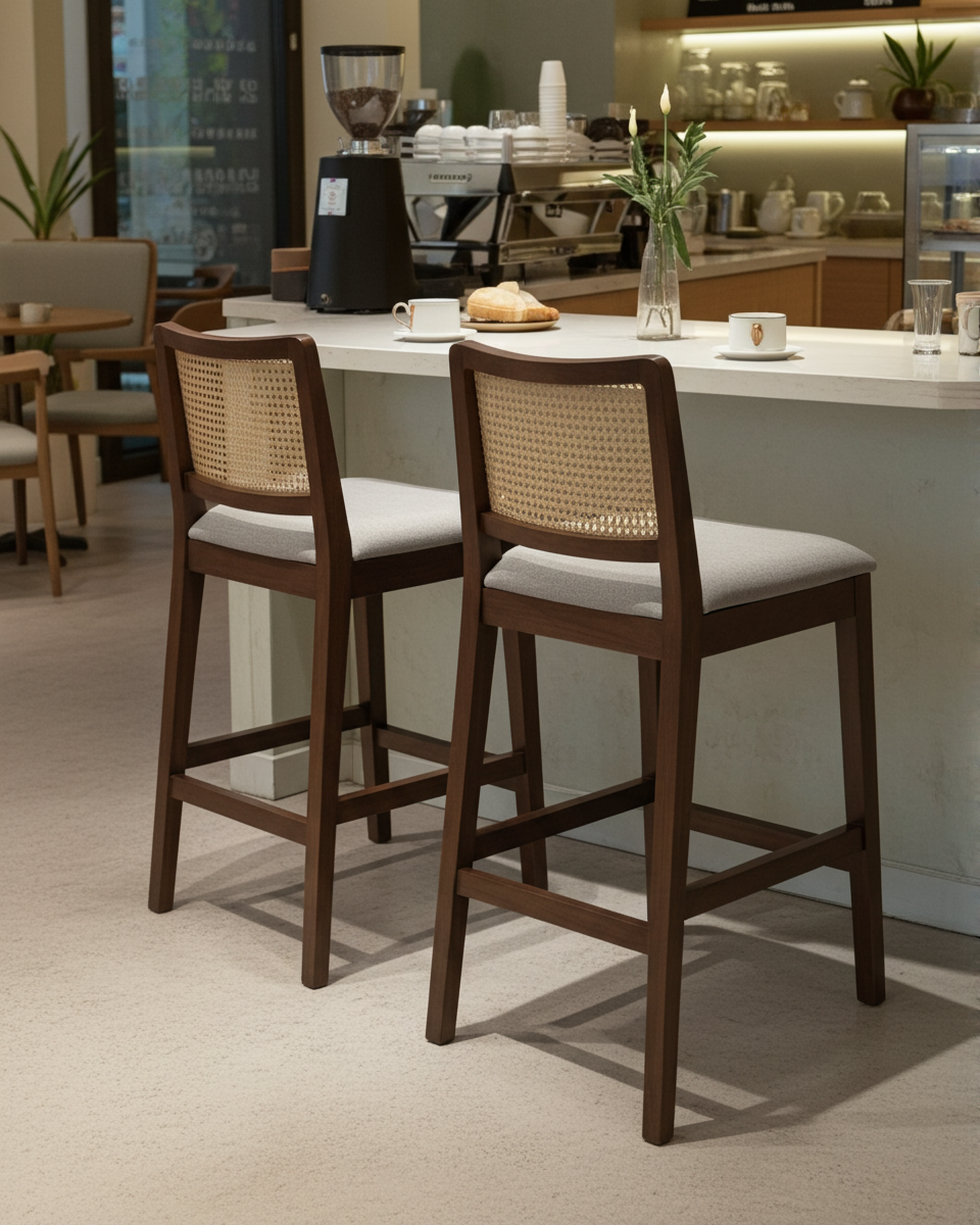 Byron Walnut Wooden Barstool with Beige Cushioned Seat
