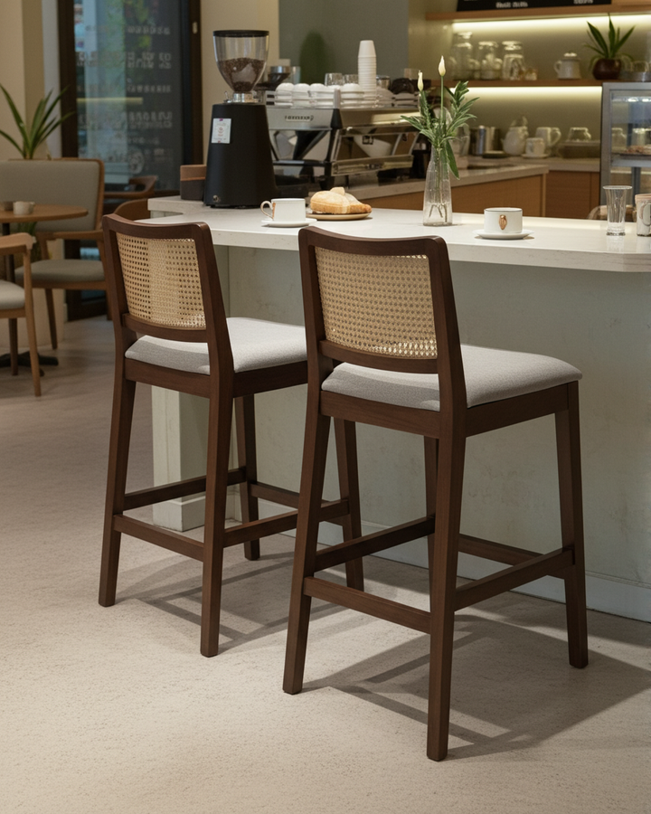 Byron Walnut Wooden Barstool with Beige Cushioned Seat