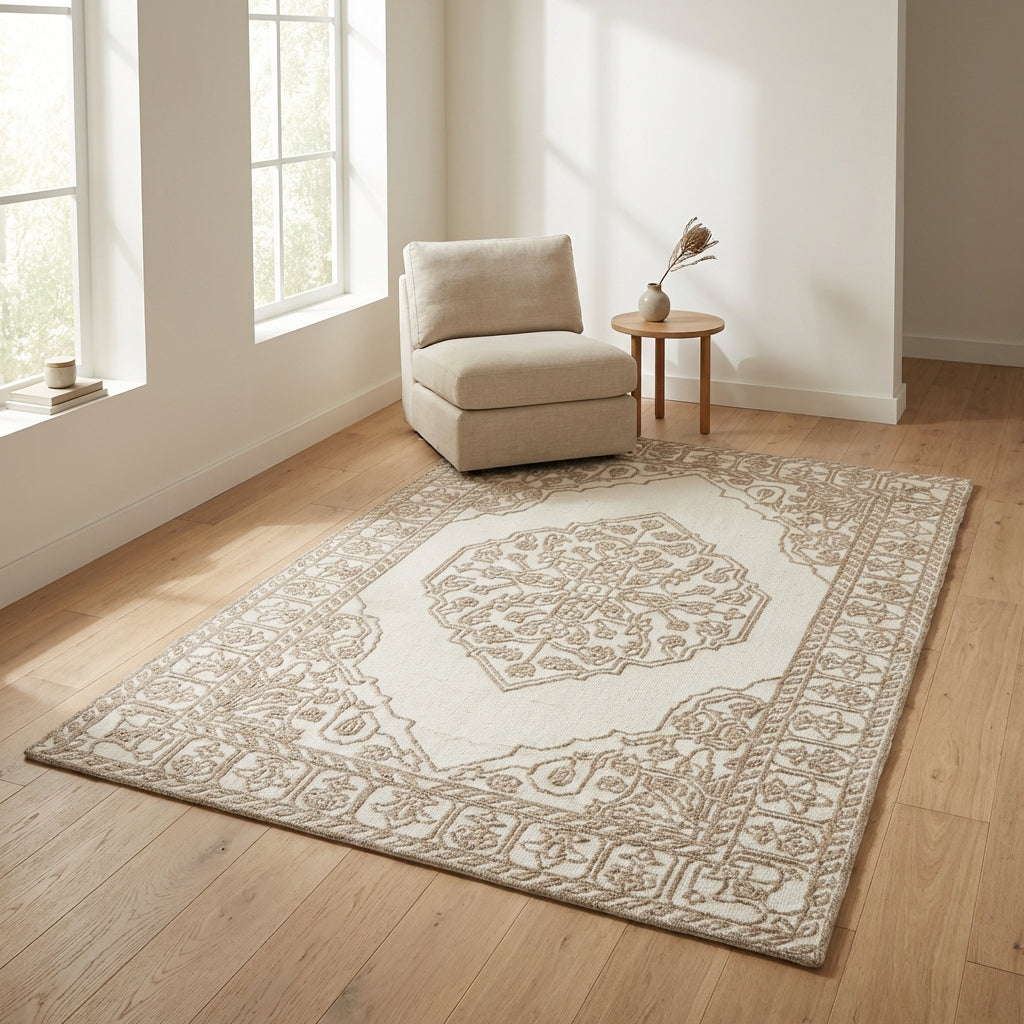 Vidhi Ivory and Beige 100% Wool Rug