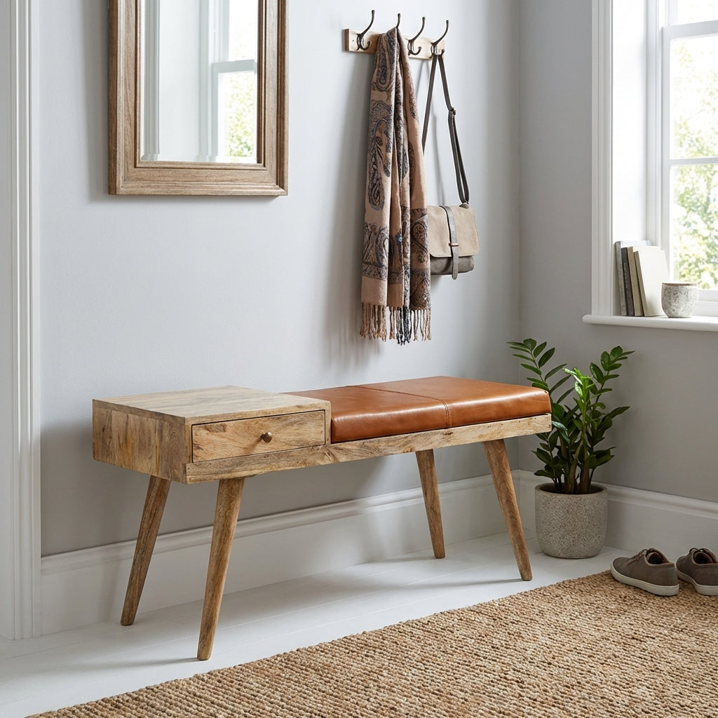 Castor Leather & Wood Seating Entryway Bench with Drawer - 100 cm