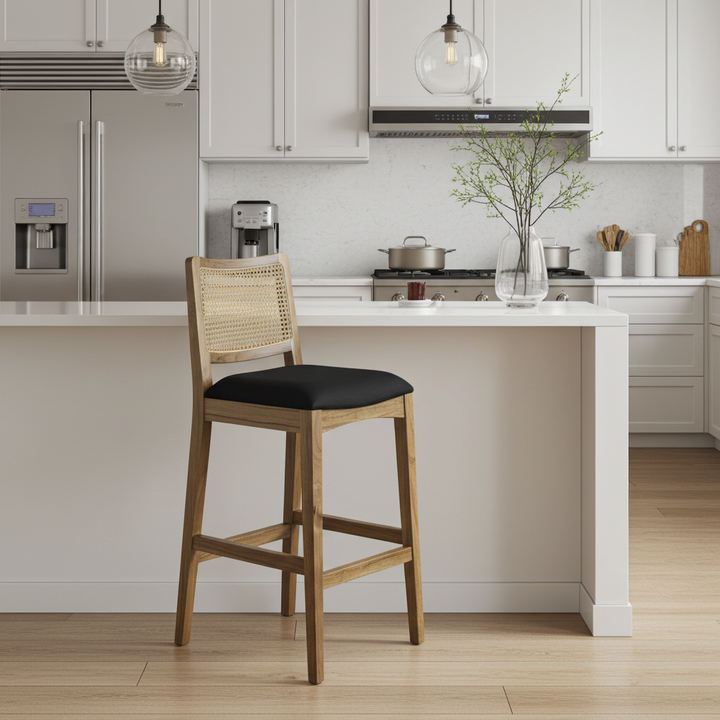 Byron Natural Wooden Barstool with Black Cushioned Seat