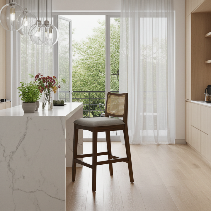 Byron Walnut Wooden Barstool with Beige Cushioned Seat