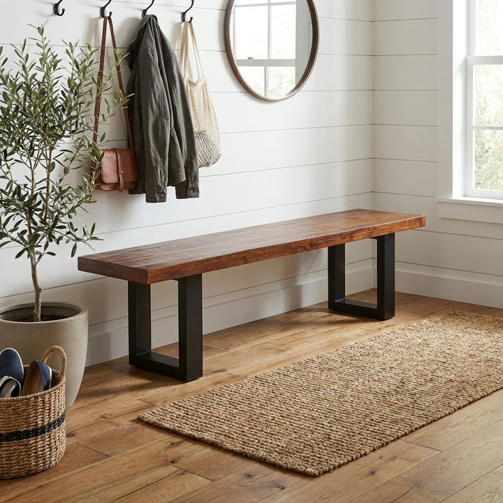 Nova Walnut 3 Seater Long Wooden Seating Bench with Metal Legs - 160 cm