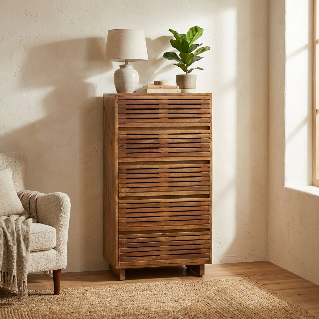 Leo Solid Wood Modern 5 Drawer Chest Tallboy