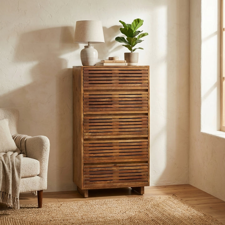 Leo Solid Wood Modern 5 Drawer Chest Tallboy
