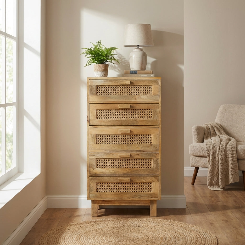 Byron Solid Wood Rattan 5 Drawer Chest Tallboy