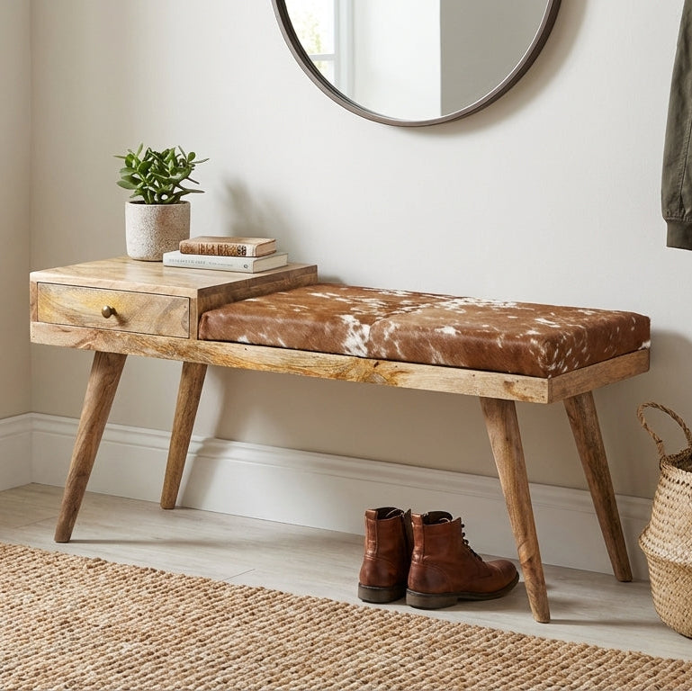 Aurora Hairon Leather & Wood Seating Bench with Drawer - 100 cm