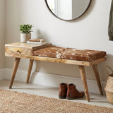 Aurora Hairon Leather & Wood Seating Bench with Drawer - 100 cm
