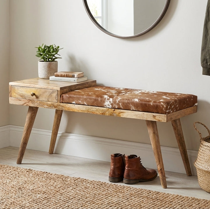 Aurora Hairon Leather & Wood Seating Bench with Drawer - 100 cm