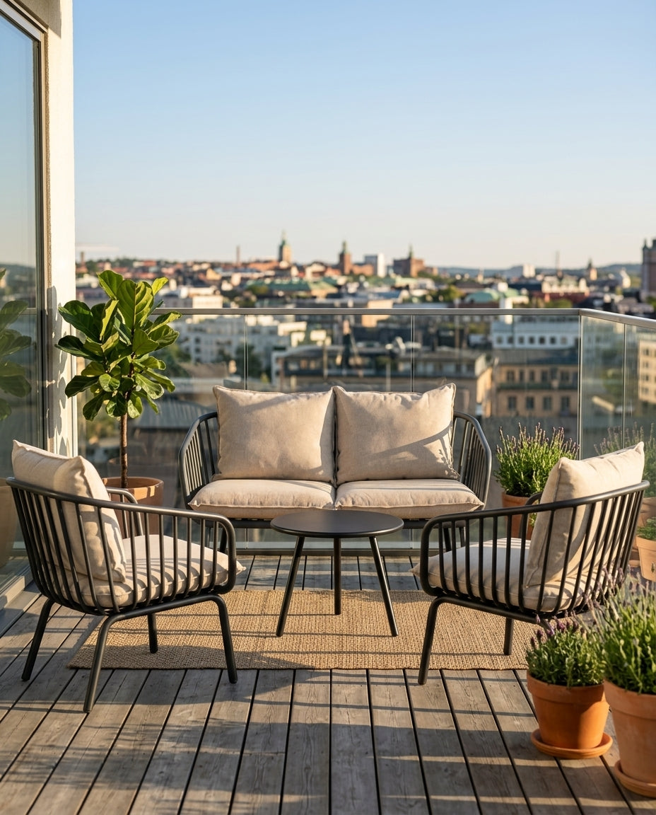 Owen Black Modern Outdoor 2-Seater Sofa with Warm Grey Cushion
