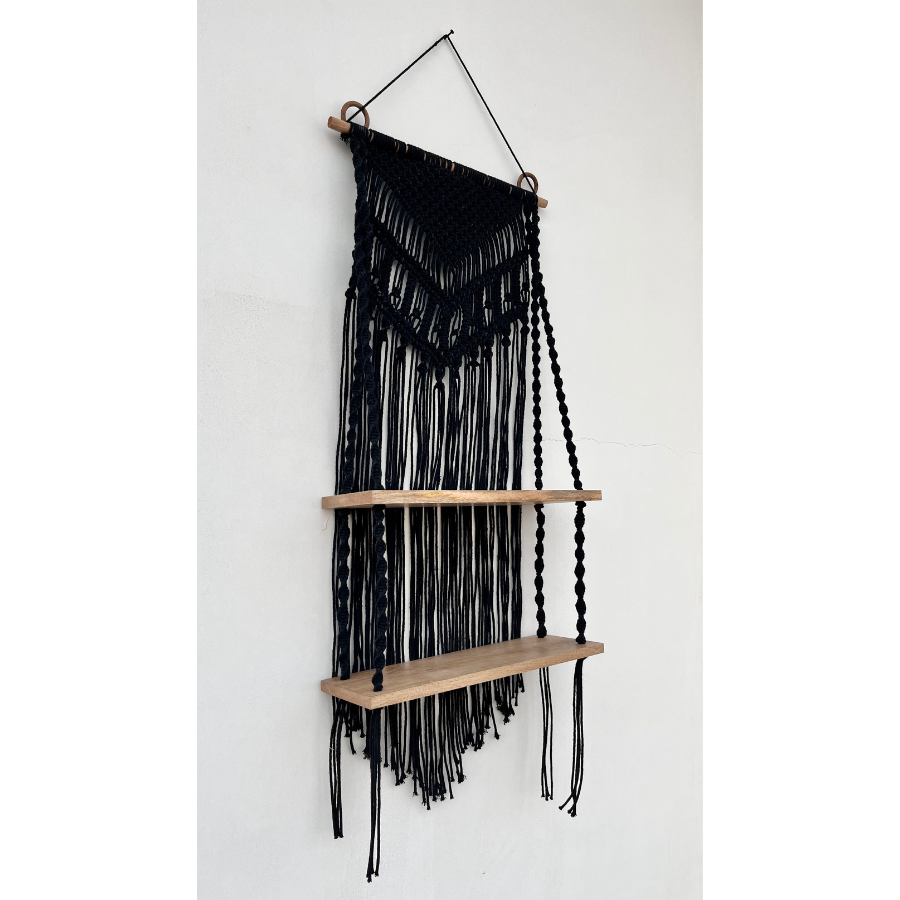 Fab Habitat Kalpa macrame hanging shelf – Black cotton rope and wood Australia